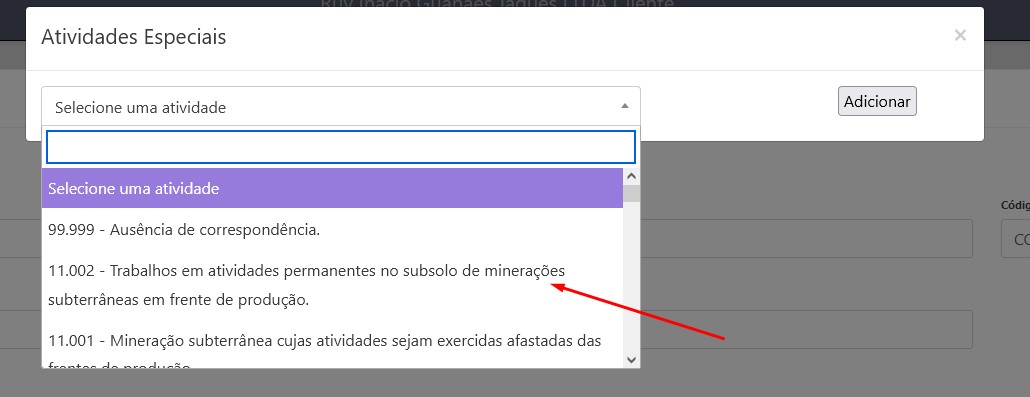 Menu Atividade Especial